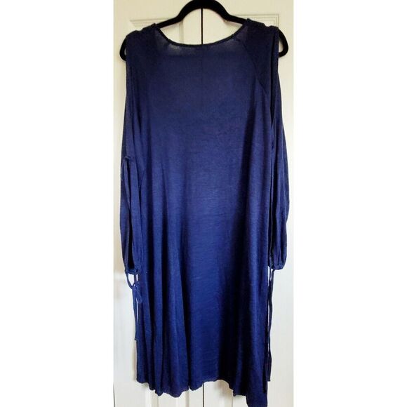 Torrid 1 Sweater Dress V-Neck Cold‎ Shoulder Tie L/S Blue 1X A-Line Elastic Wrst - Picture 2 of 8
